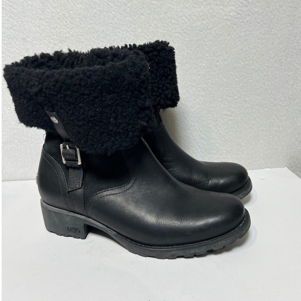 UGG Womens Boots 1914 Leather Shearling Fold Over Mid Calf 8.5 Black Moto Lug